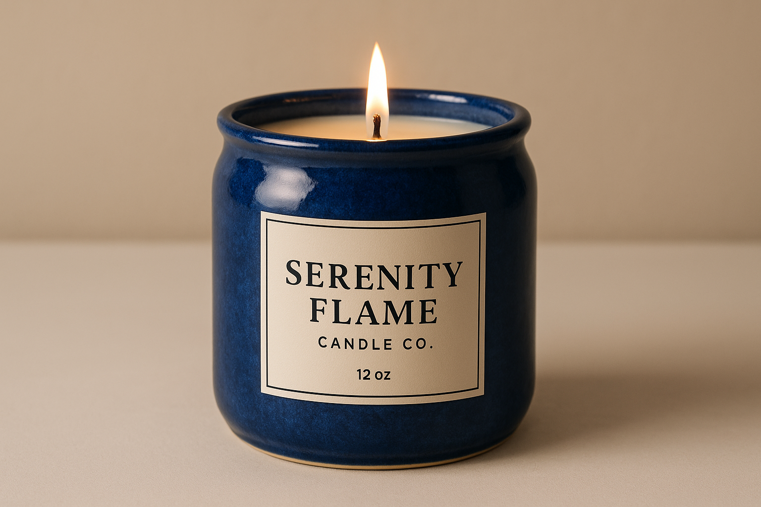 add a label with Serenity Flame Candle Co. written on it. 